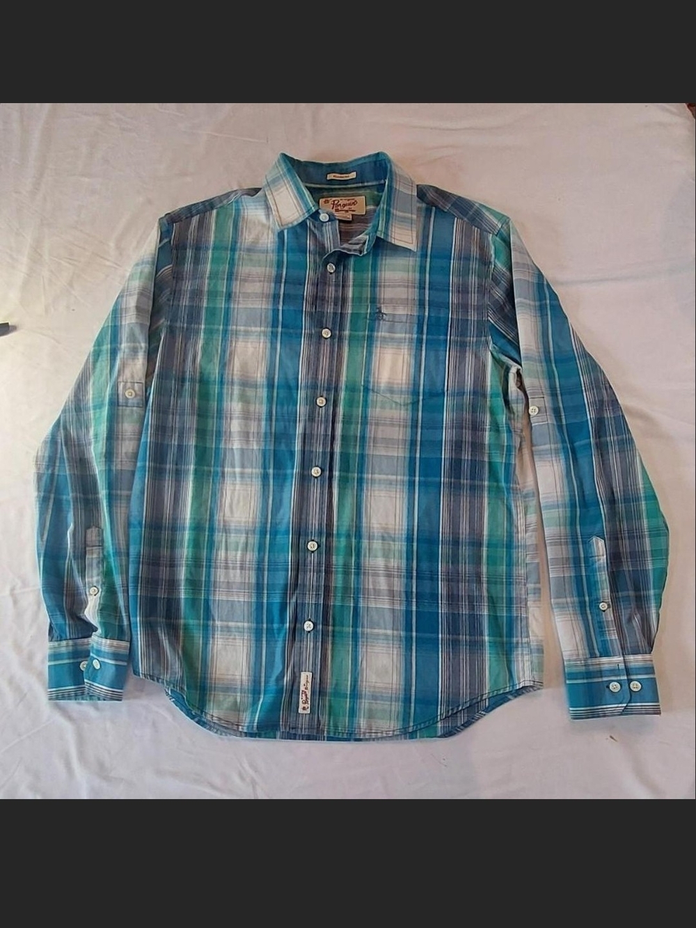 Original Penguin Plaid Button Down Shirt Teal Men M excellent condition like new